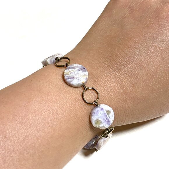 2/$20, Purple Opalized Fluorite Bracelet, Genuine Gemstone + Bronze Grape Leaf - Picture 9 of 12